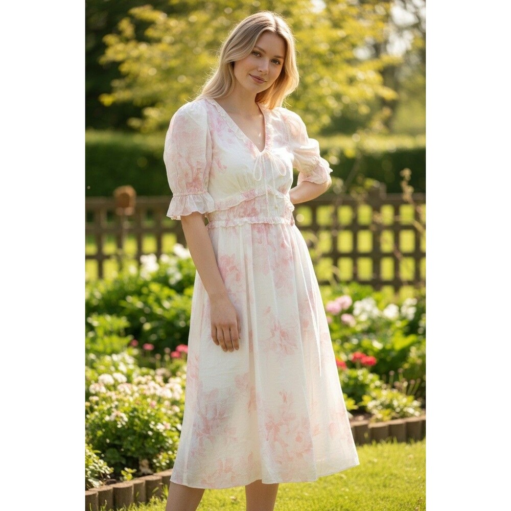 1.STATE Womens Pink  Floral Tiered Maxi Dress Ruffle Flutter Sleeve Small NWT